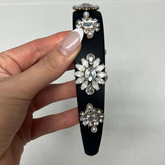 Black Satin Jeweled Embellished faux pearl rhinstones Headband coquette softgirl - Picture 7 of 8